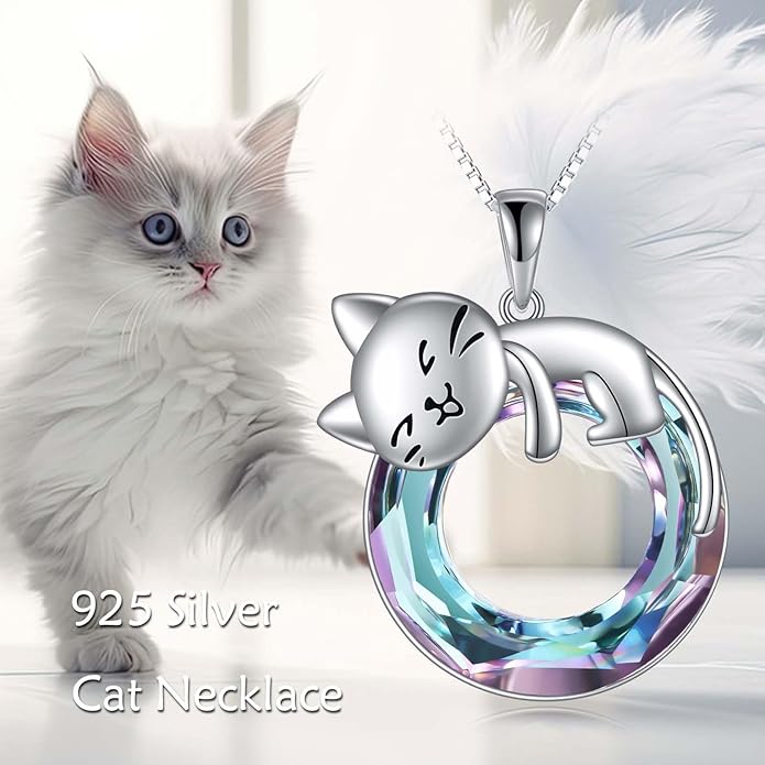 Cat Necklace Sterling Silver Cat Pendnat with Rose Quartz Pearl Jewelry Gifts for Women Cat Lovers