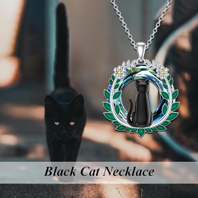 Cat Necklace for Women 925 Sterling Silver Black Cat Pendant Necklace with Crystal Cute Animal Jewelry Gift for Women
