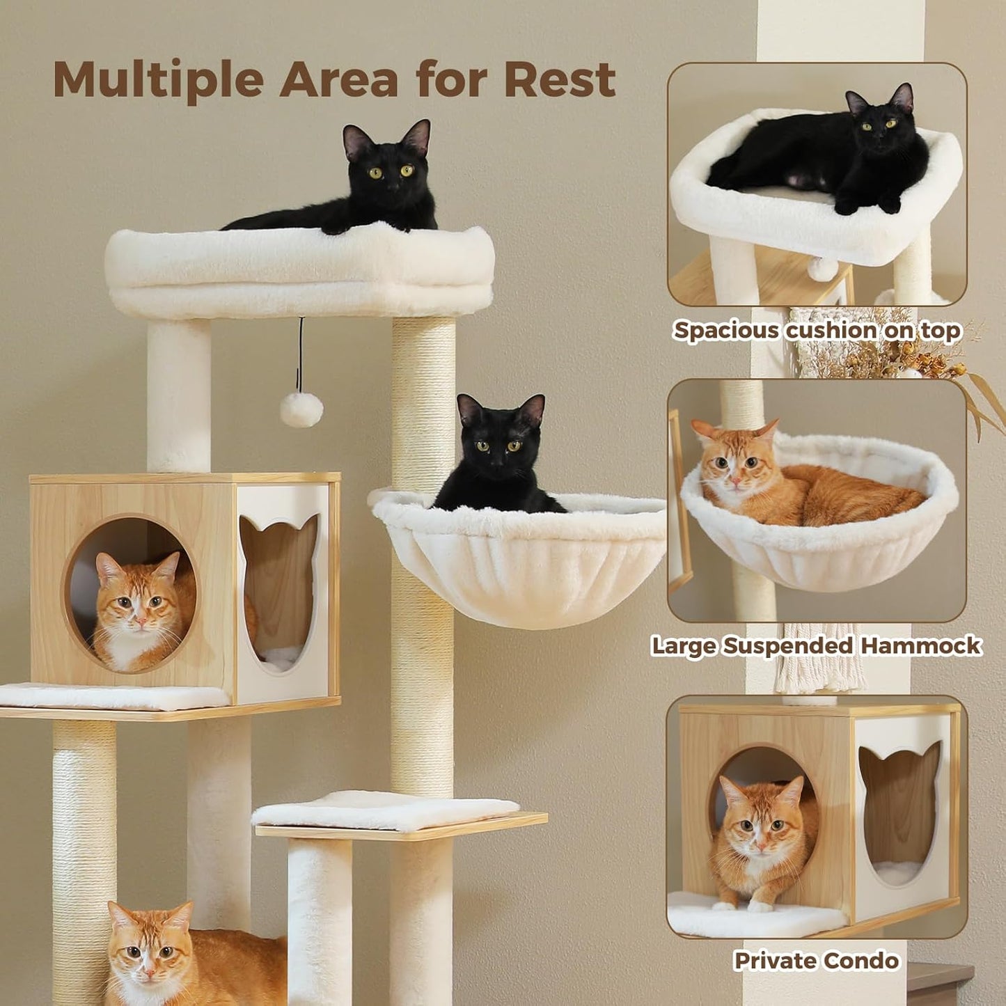 PEQULTI 57.5" Cat Tree with Litter Box Enclosure Large, Wood Cat Tower for Indoor Cats with Storage Cabinet and Cozy Cat Condo, Sisal Covered Scratching Post and Repalcable Dangling Balls, Beige