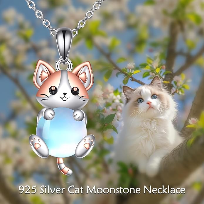 LUHE Axolotl/Cat/Fox Necklace for Women Sterling Silver Axolotl/Cat/Fox Jewelry Moonstone Pendant Necklace Gifts for Women
