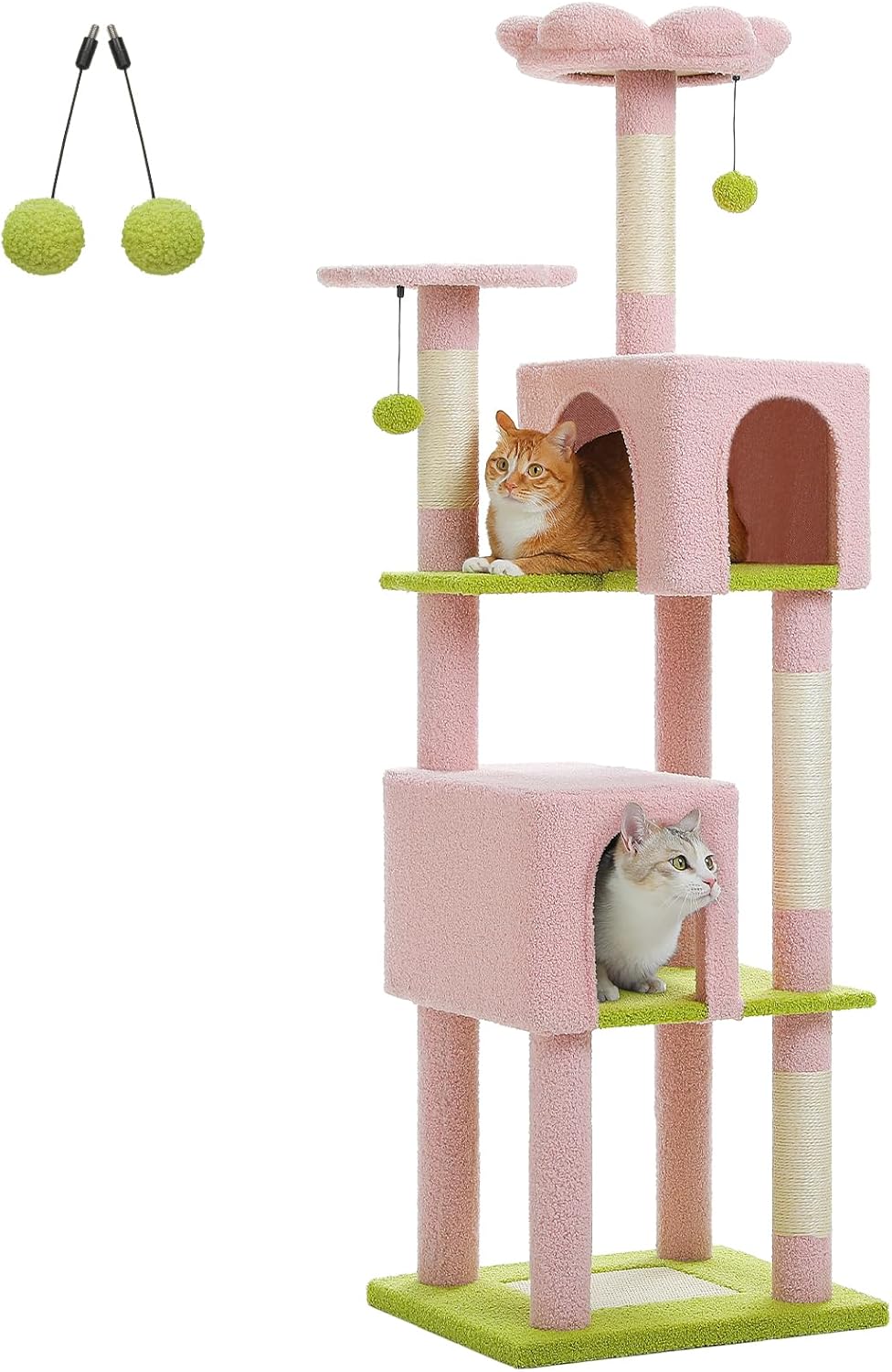Flower Cat Tree, 62-Inch Large Cat Tower for Multi-Cat Households w/Scratching Posts, Multi-Level Cat Condo w/Cozy Top Perch & Scratching Pad, Padded Platform, 2 Pompoms, Pink