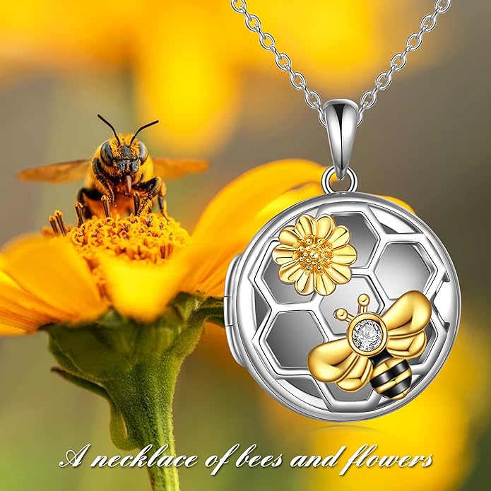 LUHE Bee Necklace 925 Sterling Silver Honeycomb Cute Flower Pendant Necklaces for Women Gifts for Her Women
