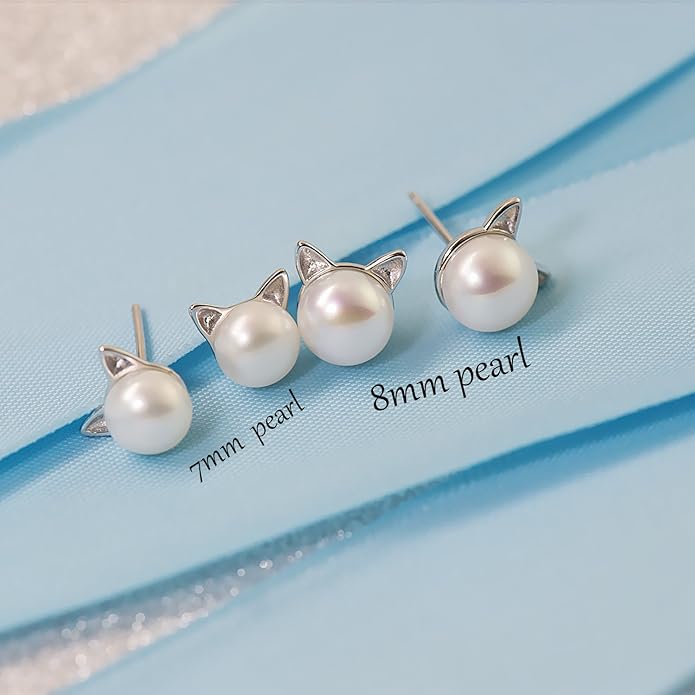 Wicary Cat Earrings Sterling Silver Pearl Earrings for Women Cat Stud Earring for Cat Lovers