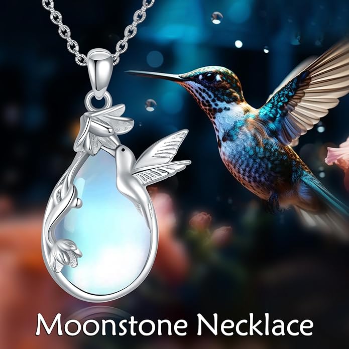 CRMAD Daisy/Black Cat/Dragonfly/Daffodil/Hummingbird/Stingray/Phoenix Feather/Rose Necklace Sterling Silver Moonstone Teardrop Pendant Necklace Flower Animal Jewelry Gifts for Women