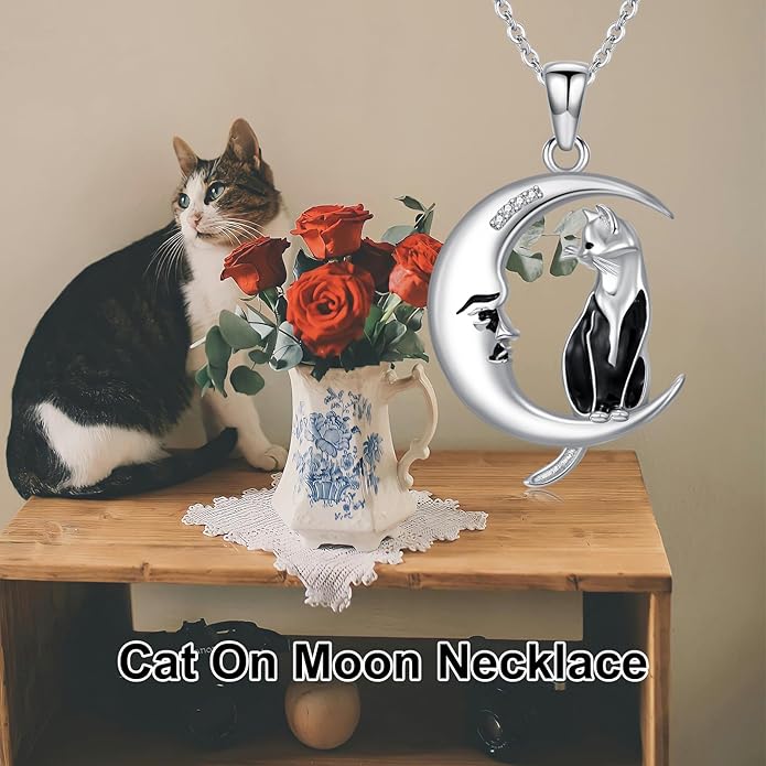Diamond Black Cat Necklace for Women 925 Sterling Silver Cat on Moon Necklace Pendant Black Cat Jewelry Gifts for Women Mom Wife Girlfriend Daughter Girls