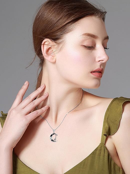 Gothic Jewelry Bat/Cat/Wolf/Dragon/Owl/Fox/Spider/Sun Pendant Sterling Silver Crescent Moon Necklace for Women Girls Black Jewelry Gifts