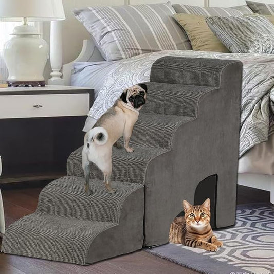 Dog Stairs for High Beds 25-30 inches Tall, 6-Step Dog Steps for High Bed for Doggies/Kitties, 30D Foam Pet Stairs Steps for Small Dogs, Dog Ramp/Ladder for Old Dogs/Cats, Grey
