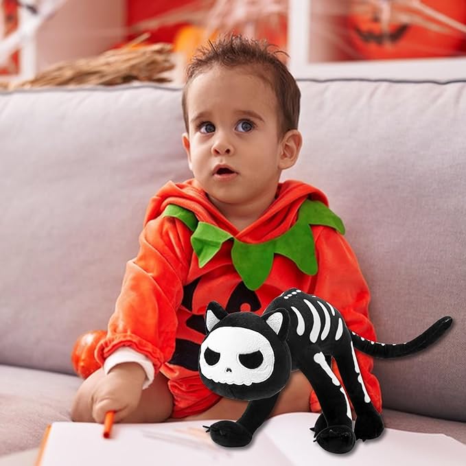 Halloween Black Cat Plush, Skeleton Stuffed Animal Pillow, Cute Plushie Doll Toy Gift for Fans, Boys and Girls Birthday Gifts