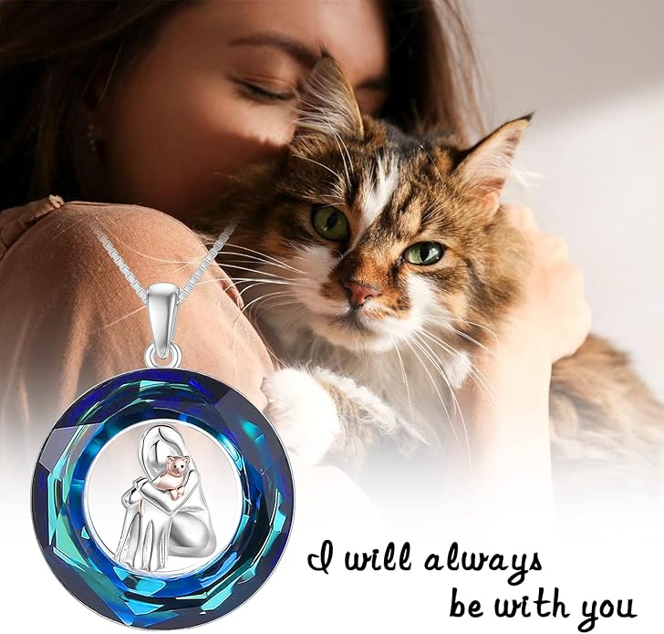 POPKIMI Cat Lover Pendant Necklace Dog Lover Necklace 925 Sterling Silver Crystal Cat Memorial Gifts for Women Animal Heart Jewelry Birthday Gifts