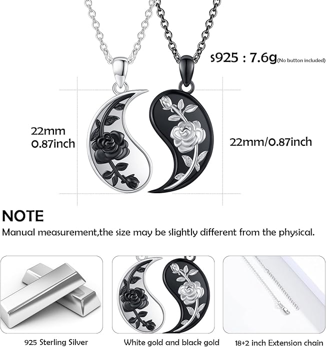 Yin Yang Matching Jewelry Set 925 Sterling Silver Yin Yang Friendship Couples BFF Pendant Necklace Jewelry for Her Him Women Men