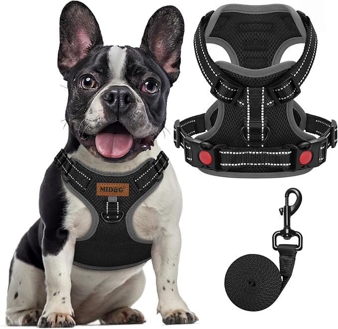 MIDOG No-Pull Dog Harness | Adjustable & Reflective Pet Harness Leash Set for Small Medium Large Dogs Walking, Training| No Choke, Front Clip, Soft Padded Vest with Easy Control Handle - Black, M