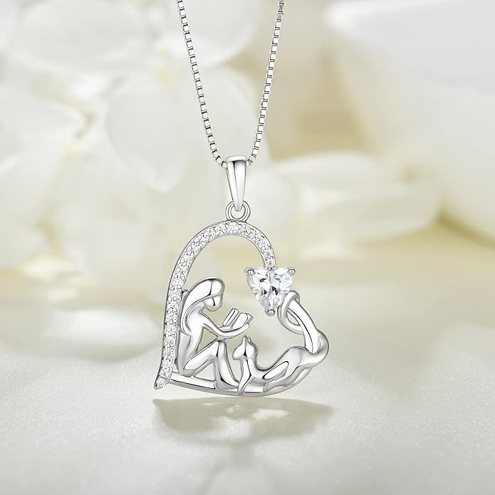 YL Women's Cat Necklace 925 Sterling Silver Heart Pendant Filigree Moon Jewelry for Girls