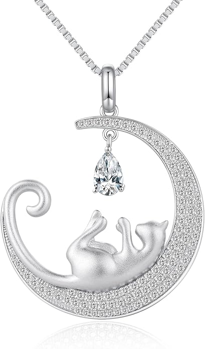 jiamiaoi 18K White Gold Plated Cat Necklace 925 Sterling Silver Diamond Cat Necklace Silver Cat On Moon Necklace for Women Gift for Birthday/Christmas, Come with Gift Box