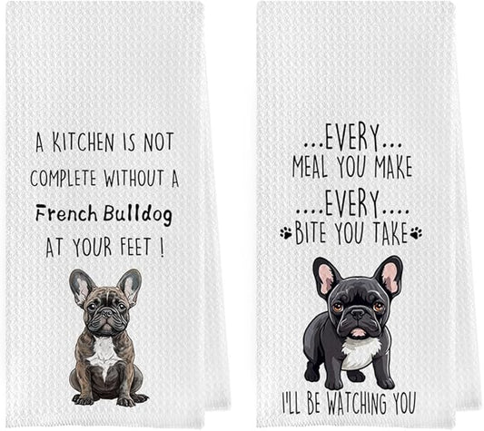French Bulldog Dish Towels Set - Funny Frenchie Waffle Weave Kitchen Towels, French Bulldog Decorative Hand Tea Towels for Bathroom Kitchen (16×24 Inches Set of 2)