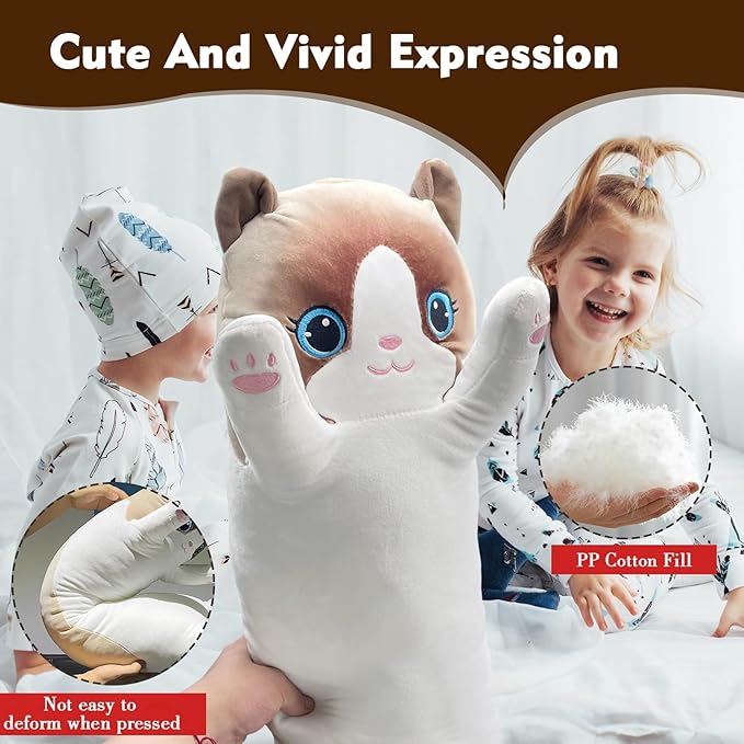 Long Cat Plush Pillow, 27.6in Cute White Cat Plushie Stuffed Animals Body Pillow, Kawaii Kitten Soft Plushie Doll Toy Birthday Gift for Kids Girlfriend
