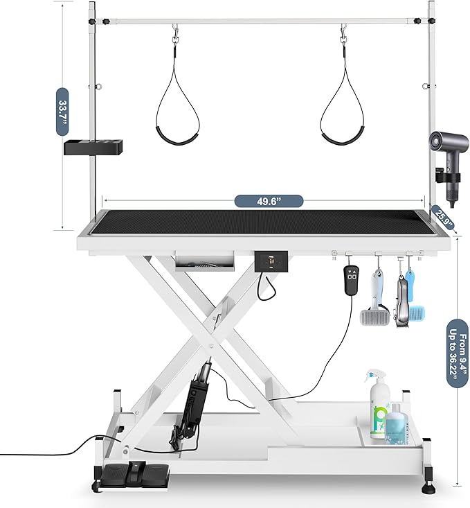 Heavy Duty Electric Lifting Pet Dog Grooming Table for Large Dogs with Overhead Arm, Anti-Skid Rubber Desktop and Powerful Motor, 50'' / White