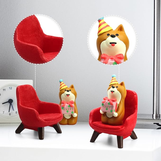 Cute Mini Puppy Holding a Gift - Resin Figurine for Office, Home Decoration for Dog Lovers - Red Sofa