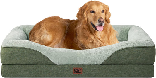 EHEYCIGA Memory Foam Dog Bed for Large Sized, Orthopedic Dog Sofa with Sides and Waterproof Liner, Washable Bolster Pet Couch with Removable Cover, 41x27x7.5 Inch, Green