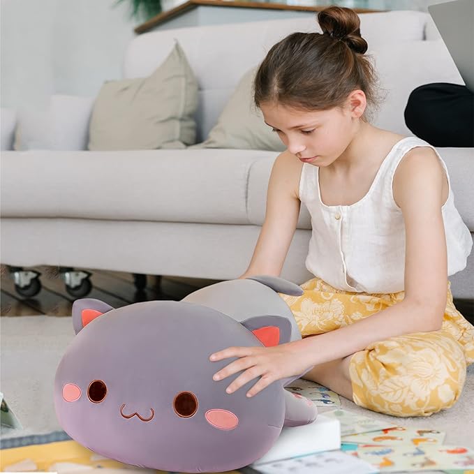 FUYU Cat Stuffed Animals, Soft Cat Plush Pillow Kawaii Kitten Stuffed Animal Toy Gifts for Kids Boys Girls Room Decor (Grey Round Eyes,27in/67cm)