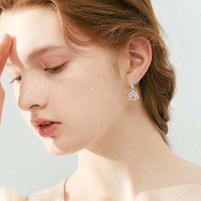 Paw Print Earrings Sterling Silver Leverback Dog Paw Earrings Puppy Paw Drop Dangle Earring for Women Girls