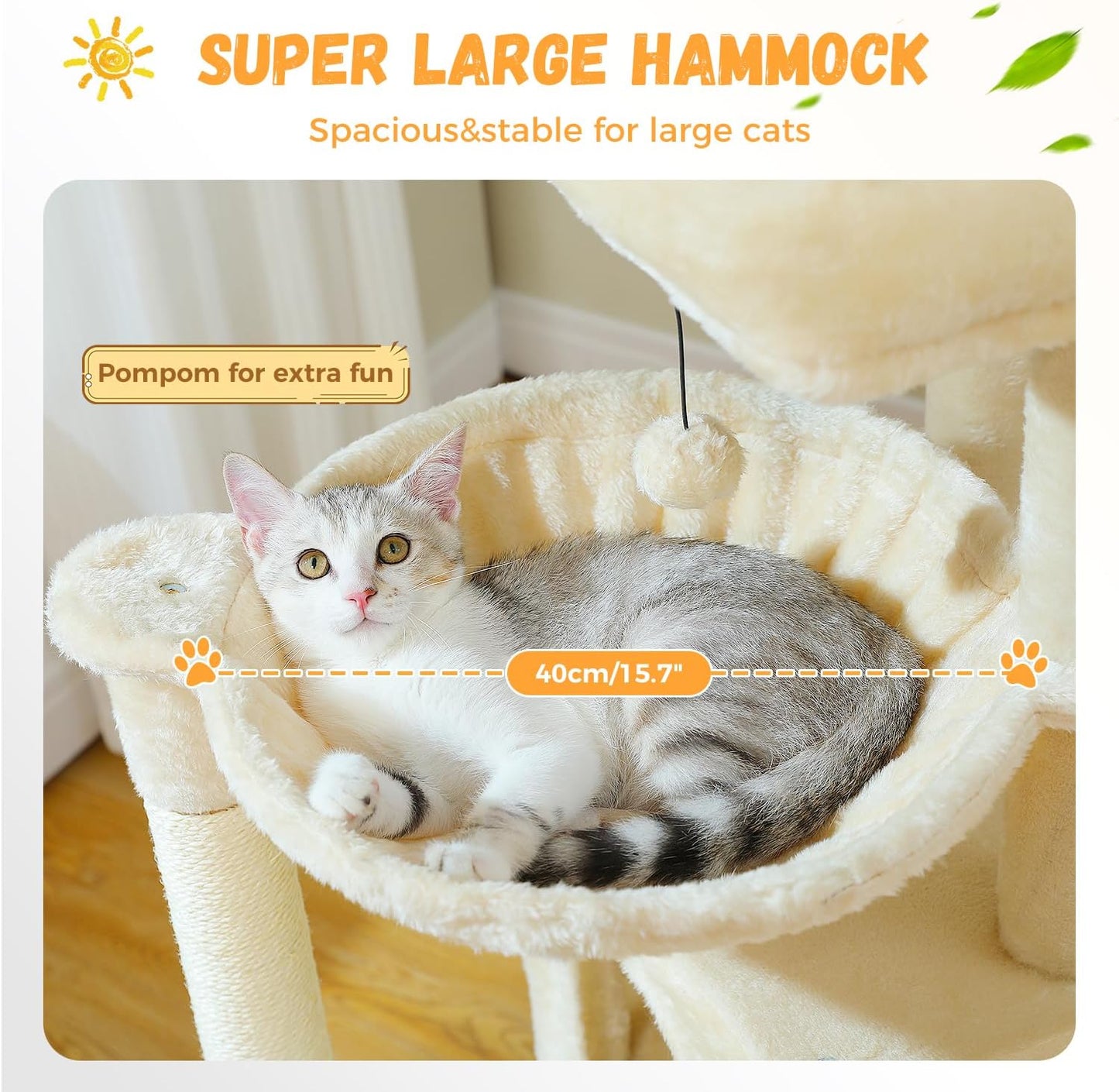 PAWZ Road Large Cat Tree, 41 Inches Multi-Level Cat Tower with 2 Spacious Condos for Indoor Cats, Large Cat House with Comfy Hammock, Padded Perch, Scratching Pad and Replaceable Balls