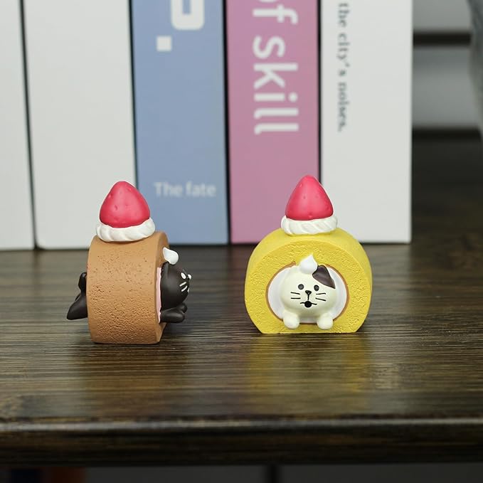 Cute Miniature Cat Figurine Resting on Swiss Roll Resin Mini Cat Figures, Kitten Miniature Desk Accessories - Perfect Cute Cat Gift for Cat Lovers