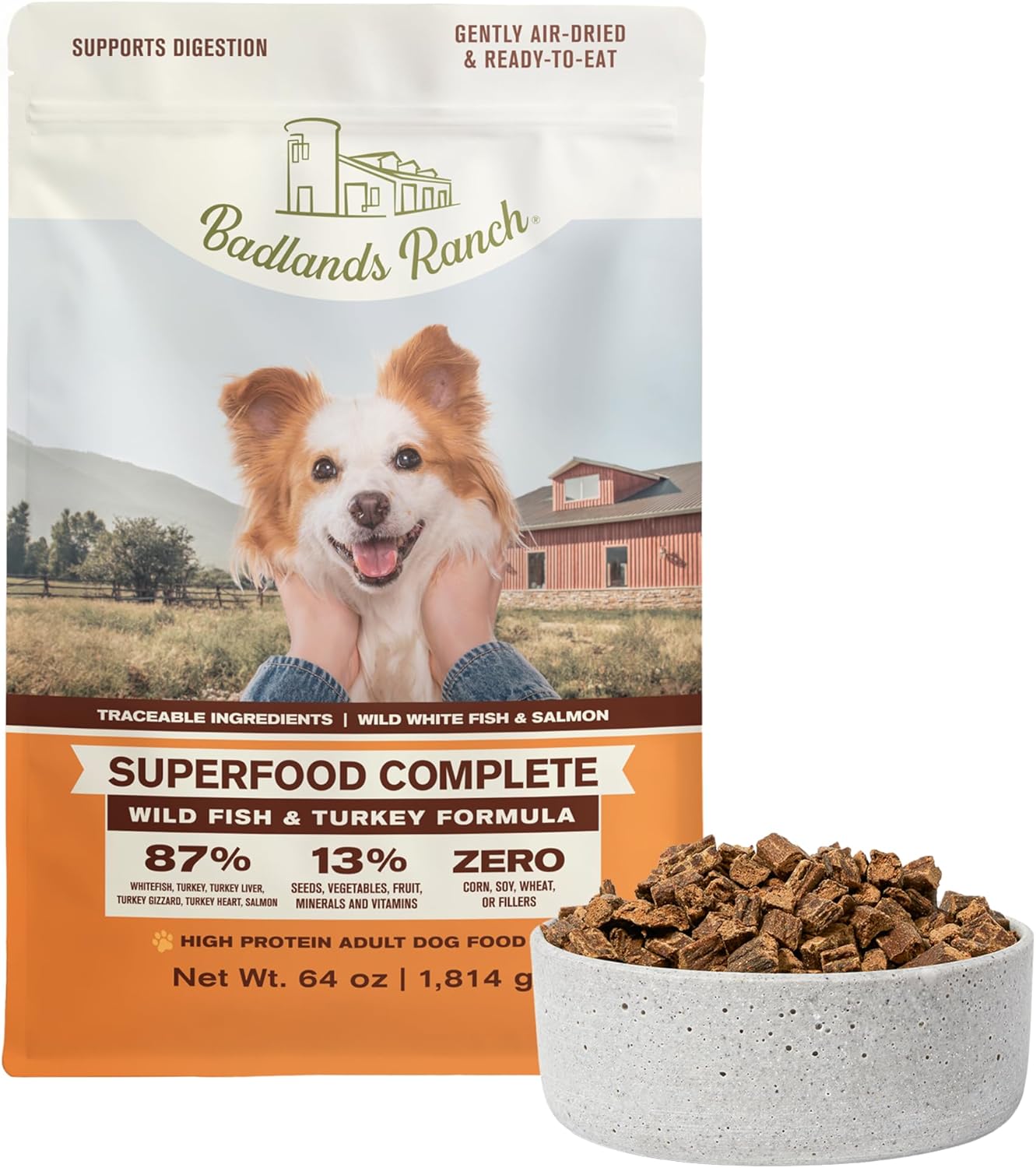 BADLANDS RANCH - Superfood Complete, Air-Dried Adult Dog Food - High Protein, Zero Fillers, Superfood Nutrition by Katherine Heigl (64 oz., Wild Fish and Turkey Formula)