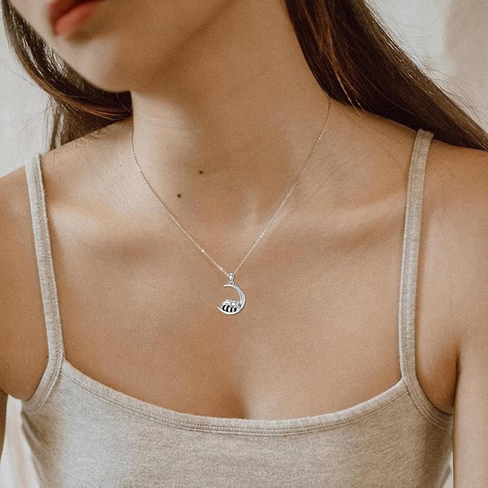 Diamond Black Cat/Red Panda/Sloth/Deer/Unicorn Necklace for Women 925 Sterling Silver Sleeping Animal and Moon Pendant with Lab Grown Diamonds Jewelry Gifts