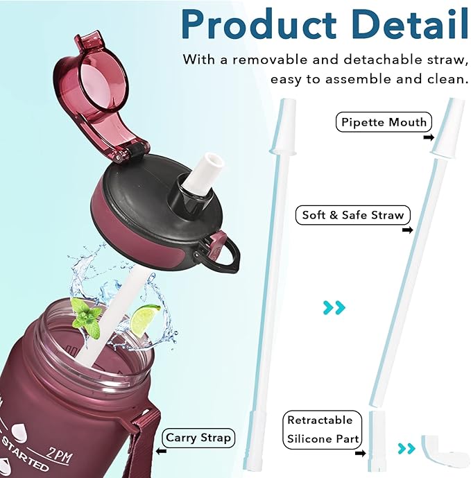 Enerbone Water Bottle, Leakproof BPA & Toxic Free, Motivational Water Bottle with Times to Drink and Straw, Fitness Sports Water Bottle with Strap for Office, Gym, Outdoor Sports