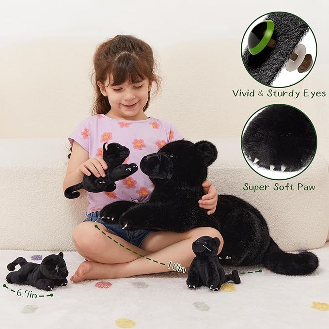 MorisMos Black Plush Panther Stuffed Animal with Babies,18'' Big Mama and Baby Stuffed Panther Toys for Kids Girls Boys, 4 Packs Black Jaguar Animals, Cute Leopard Toys for Kids