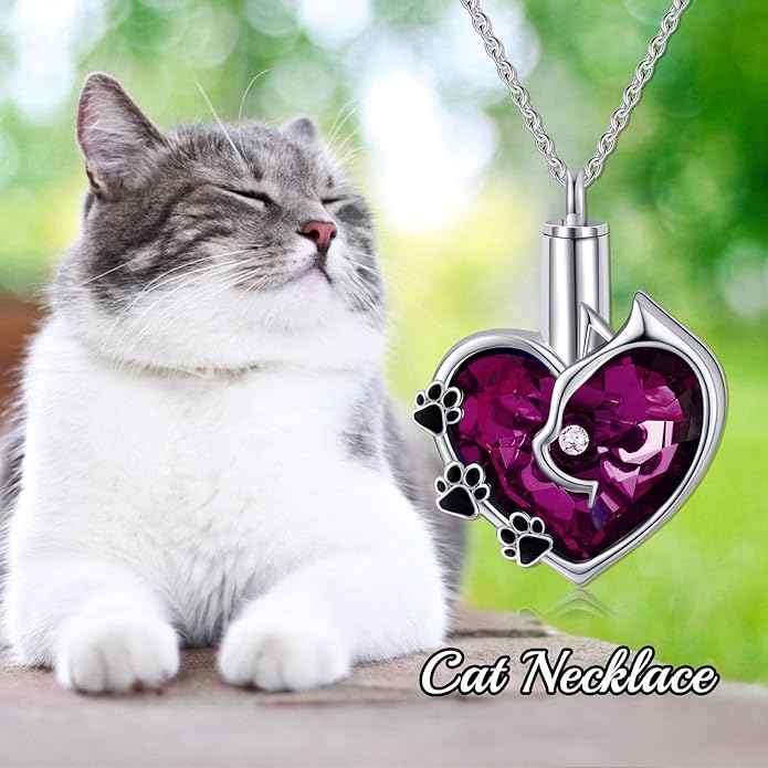 Cat Urn Necklace for Ashes 925 Sterling Silver Cremation Keepsake Memorial Jewelry for Ashes with Blue/Deep Purple Heart Crystal from Austria Keepsakes Memorial Necklaces Meaningful Gifts