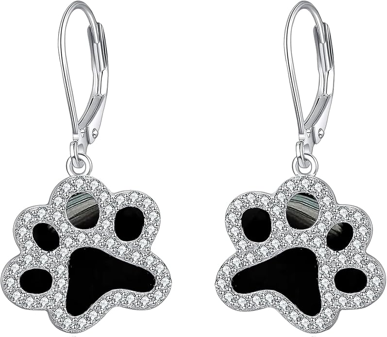 Paw Print Earrings Sterling Silver Leverback Dog Paw Earrings Puppy Paw Drop Dangle Earring for Women Girls