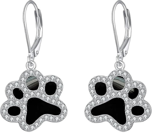 Paw Print Earrings Sterling Silver Leverback Dog Paw Earrings Puppy Paw Drop Dangle Earring for Women Girls