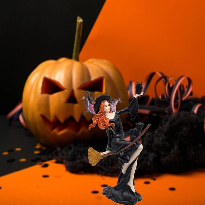Comfy Hour Fairyland Collection 9-inch Dark Fairy Witch on Magic Broom with Black Cat Figure and 7-inch Black Feather Standing Crow Bird Halloween Decorative Figurine, Polyresin, Bundle of 2