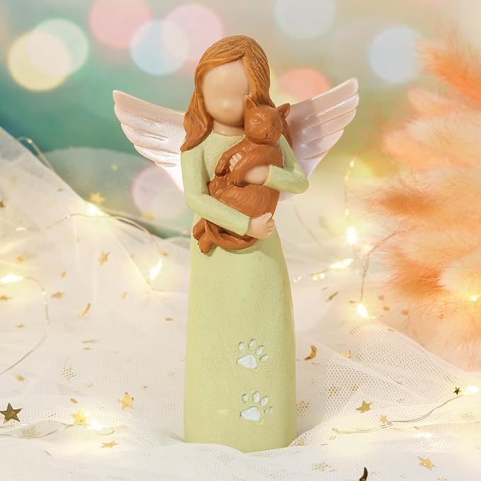 Cat Angel Friendship Statues for Lovers: Hand-Painted Figure - Lime Green Angel and Brown Cat