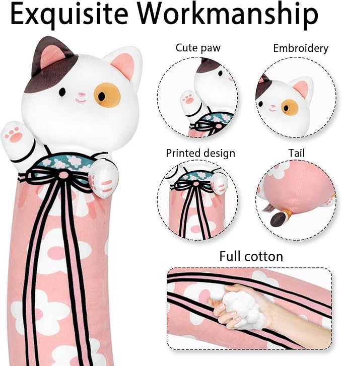 70cm Long Cat Plush Body Pillow - 28' Cherry Blossom Cute Cat Plush Soft & Huggable Throw Pillow for Girls, Boys & Lovers - Pink, 27.6in/70cm