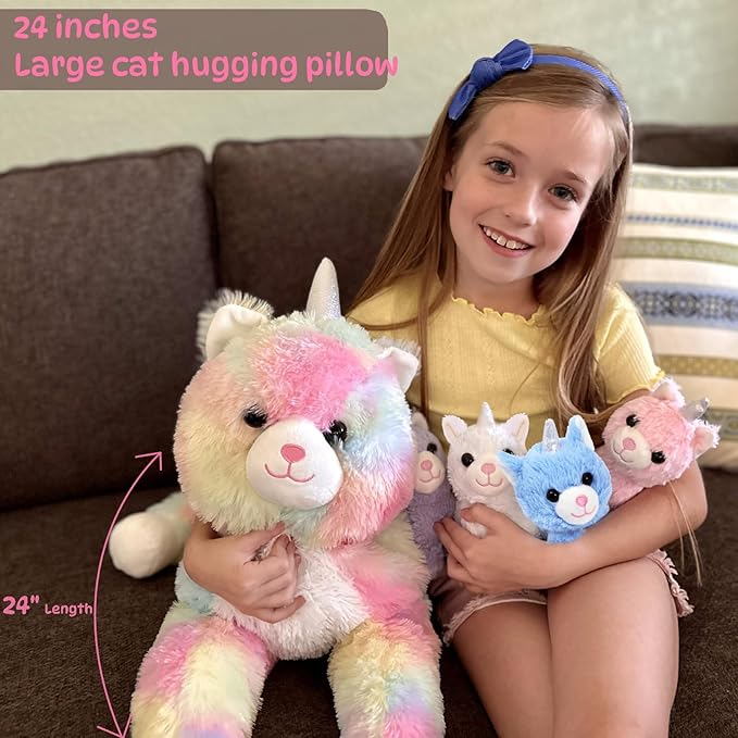 MorisMos Cat Unicorn Stuffed Animal with Baby Kittens, 24'' Mommy Cat and 4 Baby Kitty Stuffed Animals, Large Rainbow Caticorn Plush Pillow, 5Pcs Kitty Unicorn Plush Toys for Girls Boys Birthday Gift