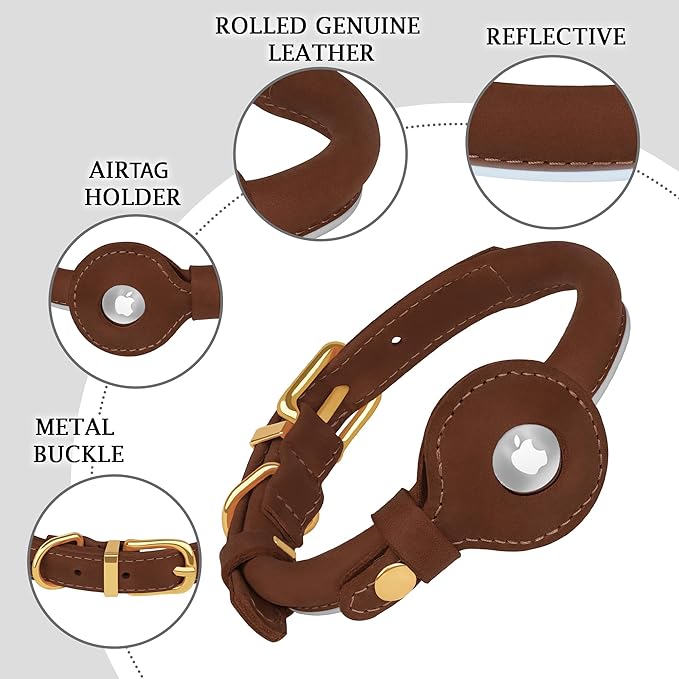 OOPSDOGGY Rolled Leather Dog Collar with Airtag Holder - Reflective Round Airtag Dog Collar - Soft Tracking Pet Collar for Small Dogs Puppy Cats Kitten (Brown, XXS, 7"-9")