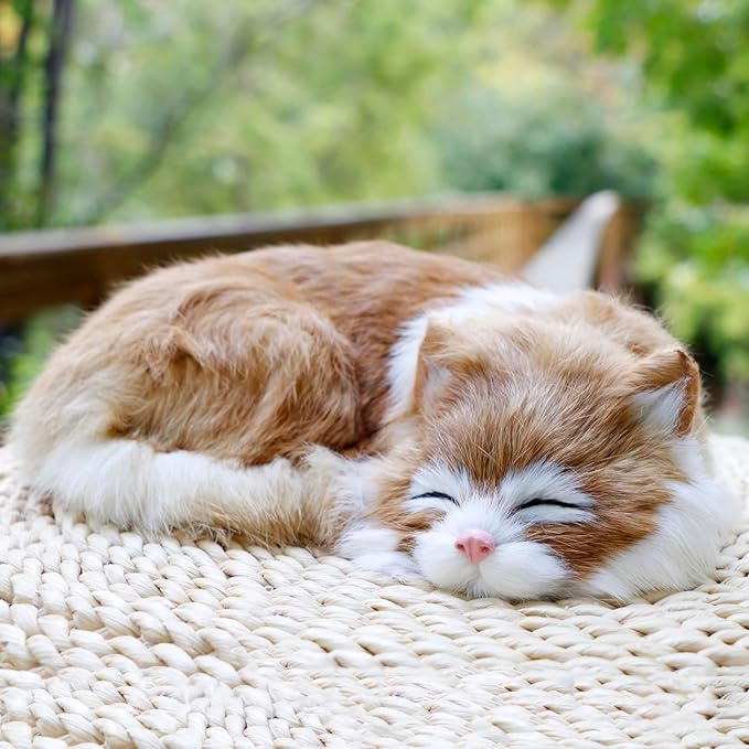 Realistic Furry Sleeping Cat Figurine Simulation Kitty Lifelike Kitten Home Office Shelf Decorative Statue, Synthetic Fur Pet Replica (Orange)