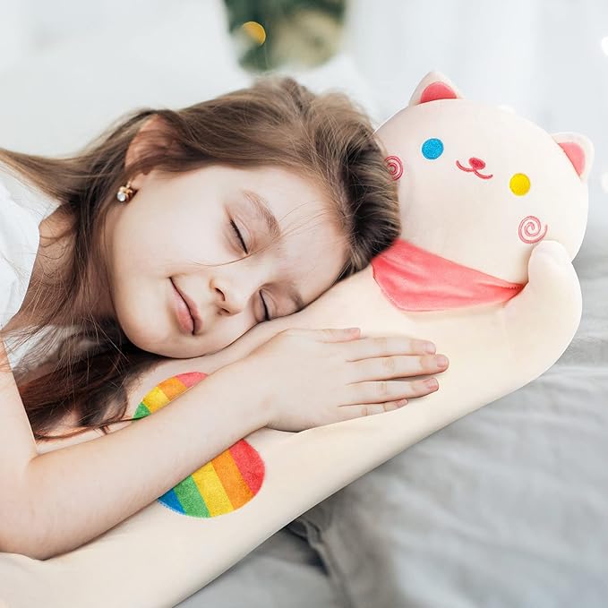 Rainbow Long Cat Plush Pillow, 25" Cute Kitten Stuffed Animal, Kawaii Cuddle Body Pillow Gift for Girlfriend Women Girls, Soft Hugging Plush Toy for Bed, Sofa or Room Decor