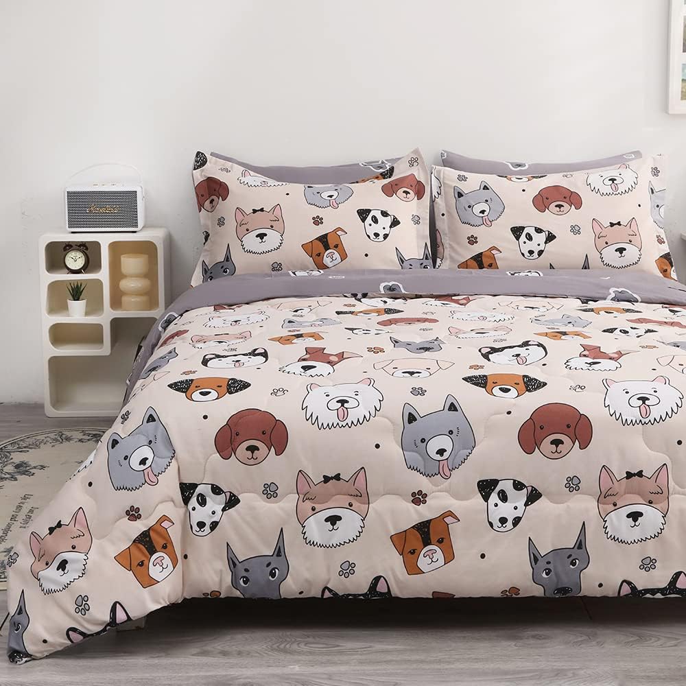 Kids Comforter Set 7 Piece Bedding Cute Dog Cartoon Animal Bed Microfiber Comforter Queen Size All Season (1 Comforter, 1 Flat Sheet, 1 Fitted Sheet, 4 Pillowcase)