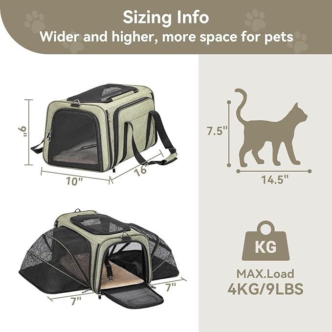 Petsfit Expandable Rabbit Carrier Bunny Carriers, 16 Inch Airline Approved Pet Carrier with 2 Extensions, Soft Washable Cushion, Self-Locking Zipper Head, Built-in Safety Rope, Fit for Travel