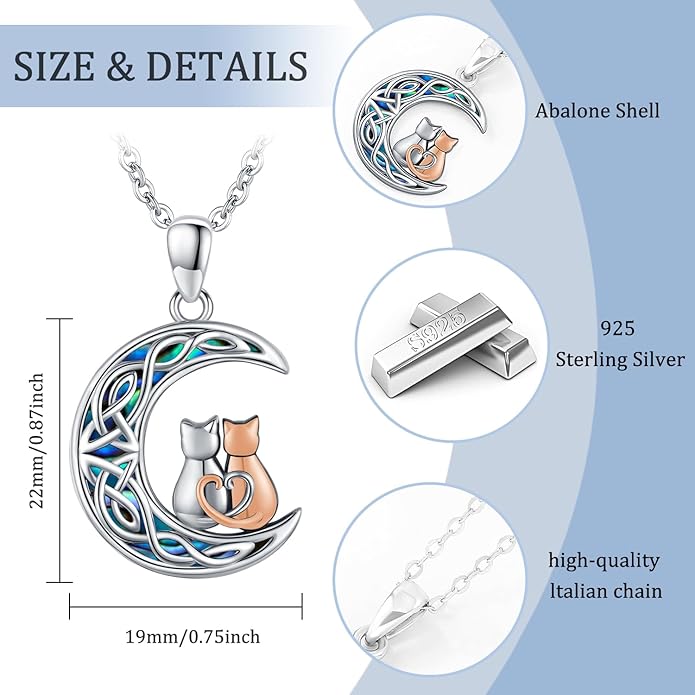 Odinstone Cat Necklace, S925 Sterling Silver Cat on Moon Pendant with Cubic Zirconia, Cat Jewelry Mothers Day Gifts for Mum with Gift Package - I Love You Forever
