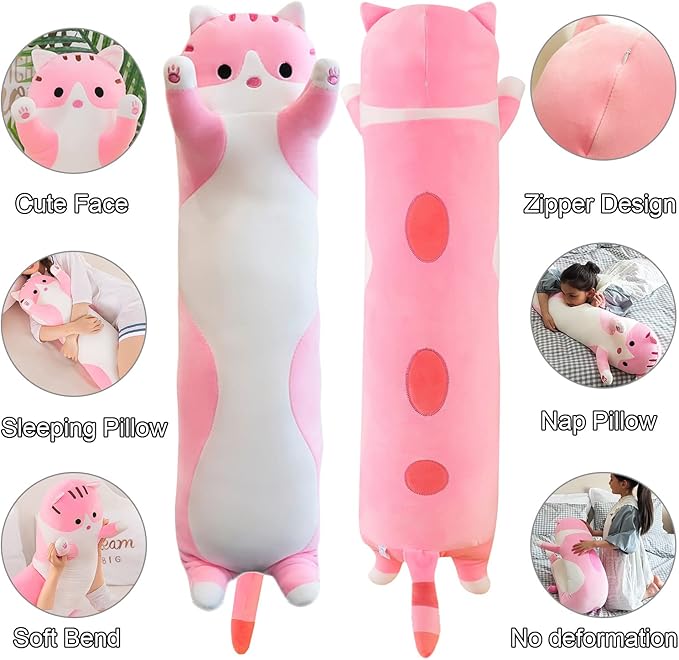 Giant Cat Pillow Plush Cartoon Kitty Sleeping Hugging Pillow, Cuddly Soft Long Kitten Body Pillow Doll Cat Cushion Toy for Kids Girlfriend (Pink, 150cm/59inch)