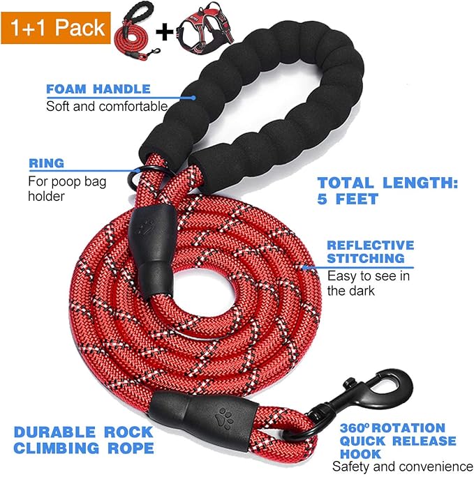 No Pull Dog Harness Adjustable Reflective Oxford Easy Control Medium Large Dog Harness with A Free Heavy Duty 5ft Dog Leash (M (Chest: 22"-26"), Red Harness+Leash)