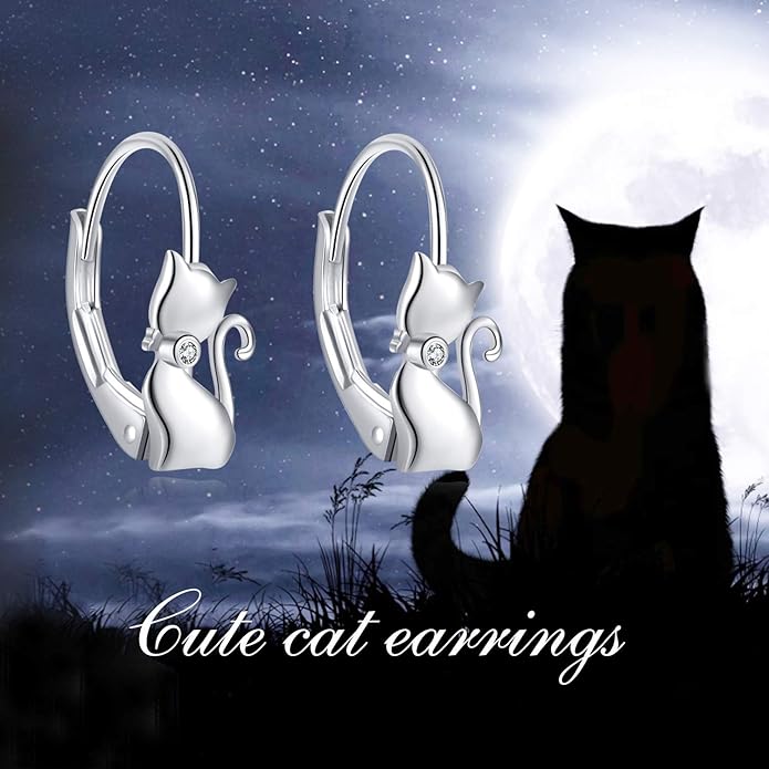 Cat Gifts Earrings Sterling Silver Cute Small Animal Cats Dangle Leverback Jewelry Gifts for women cat Lovers