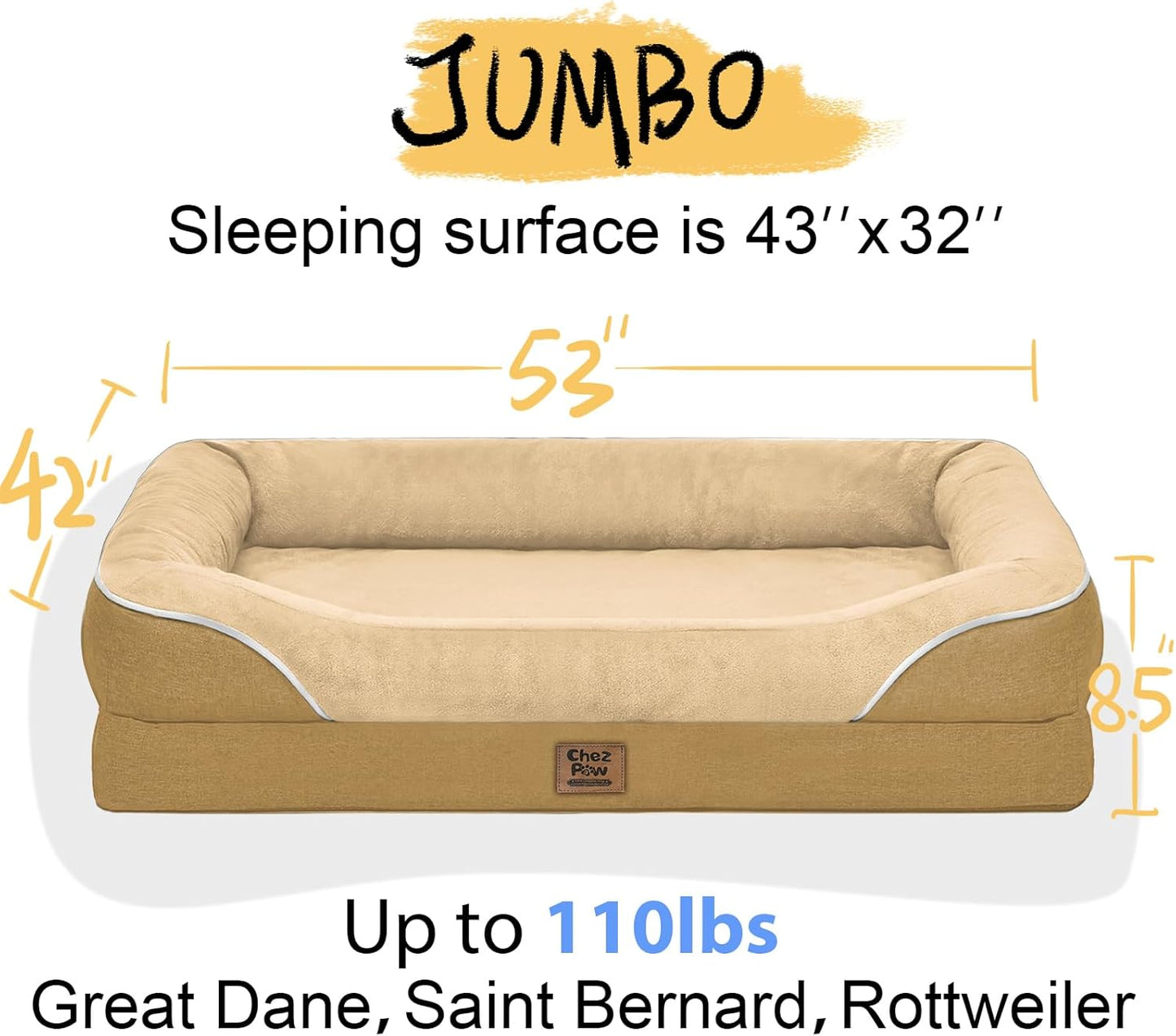 Washable Orthopedic Large Dog Bed - XL Large Dog Bed with Removable Bolsters Cover Foam Support Big Dogs Beds Non-Slip Bottom & Waterproof Pet Beds