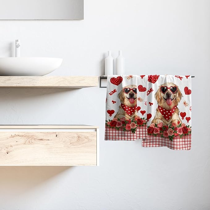 Giwawa Valentine Dog Hand Towels Set of 2 Hugs Kisses Dish Towels Soft Highly Absorbent Fingertip Towel for Home Bathroom Kitchen Hotel Spa