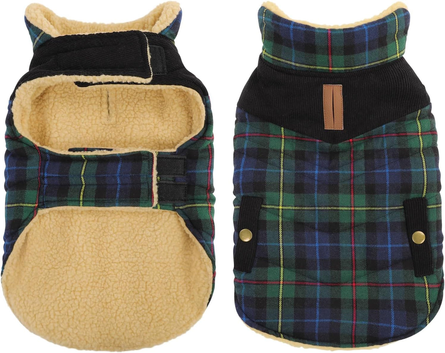 Queenmore Dog Winter Coat Warm Dog Jacket for Cold Weather, Quilting Puffer Plaid Coats for Small/Medium Dogs Waterproof,Girl/Boy Pet Christmas Coat,Pet Snowsuit with Leash Hole/Fleece Padding, M