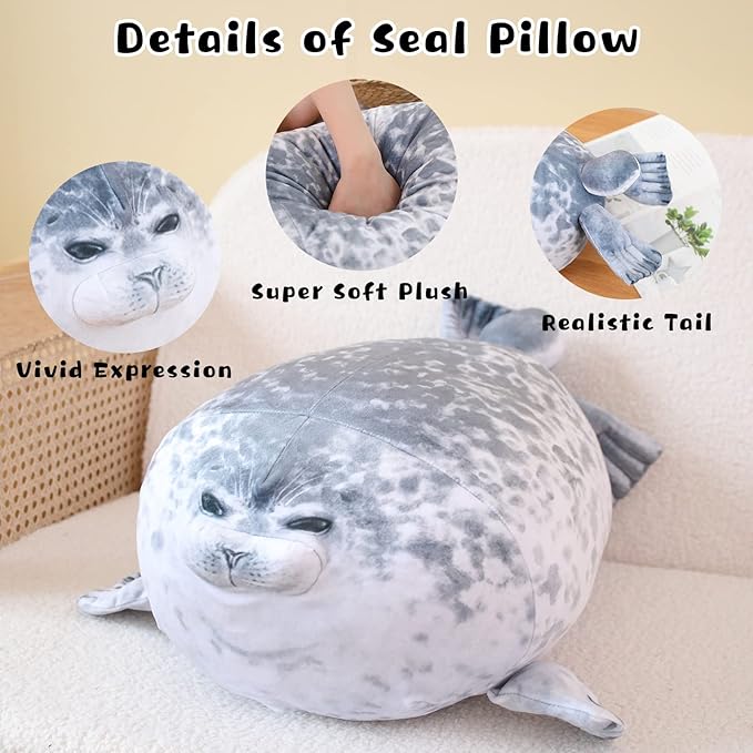 Chubby Blob Seal Pillow Cute Seal Plush with 4 Baby Plushies in Her Tummy, Soft Cotton Stuffed Animals Toy Gifts for Kids